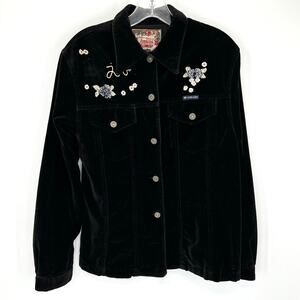The Jubigirl Flowers Paris women’s velvet trucker jacket with appliqué